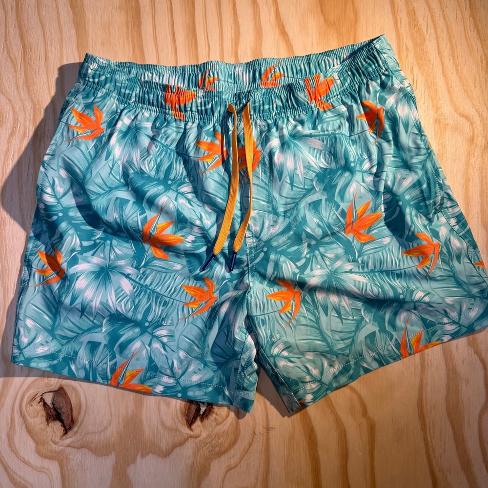Southern Tide Men's Monstera Palm Swim Trunks Teal Orange Tropical Print Size L